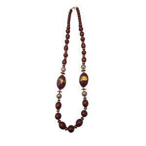 Maroon  Gold  Large Beaded Necklace With Large Oval Accents And Round Beads 30"